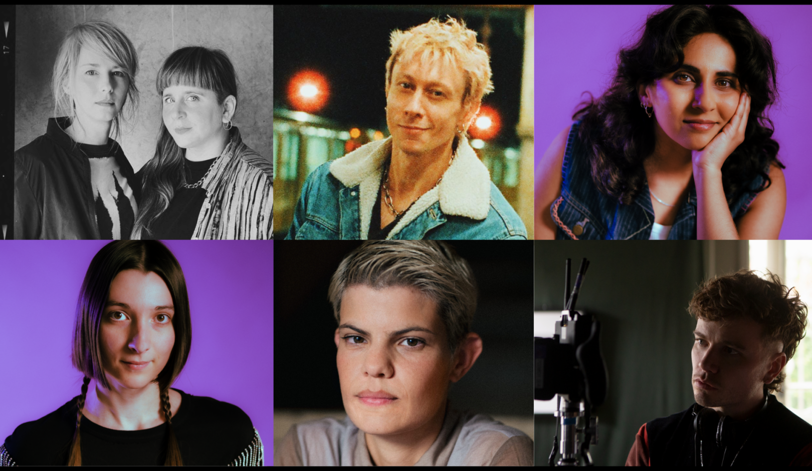 A collage of the participants. upper line, left to right: Lina Sieckmann, Miri Ian Gossing, Filipe Matzembacher, Leela Varghese, lower line, left to right: Emma Hough Hobbs, Ana David, Marcio Reolon