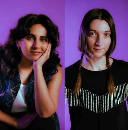 Two portraits are arranged next to each other. On the left is Leela Varghese. A seated person in a denim waistcoat with long, brown wavy hair. On the right is Emma Hough Hobbs. A person with brown plaits wearing a jumper with fringes.